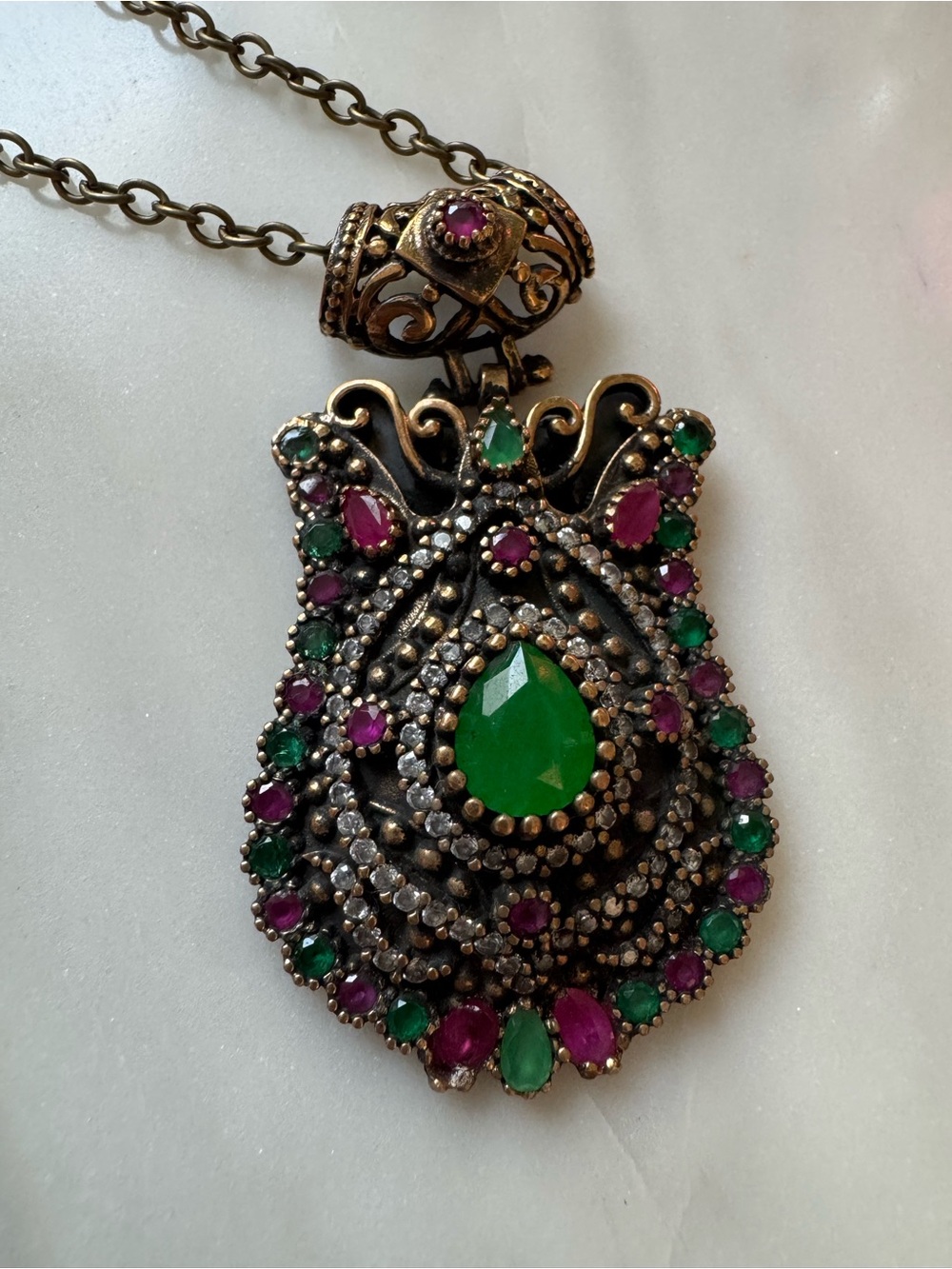 Green and Purple Gem Teardrop Pendant Necklace
